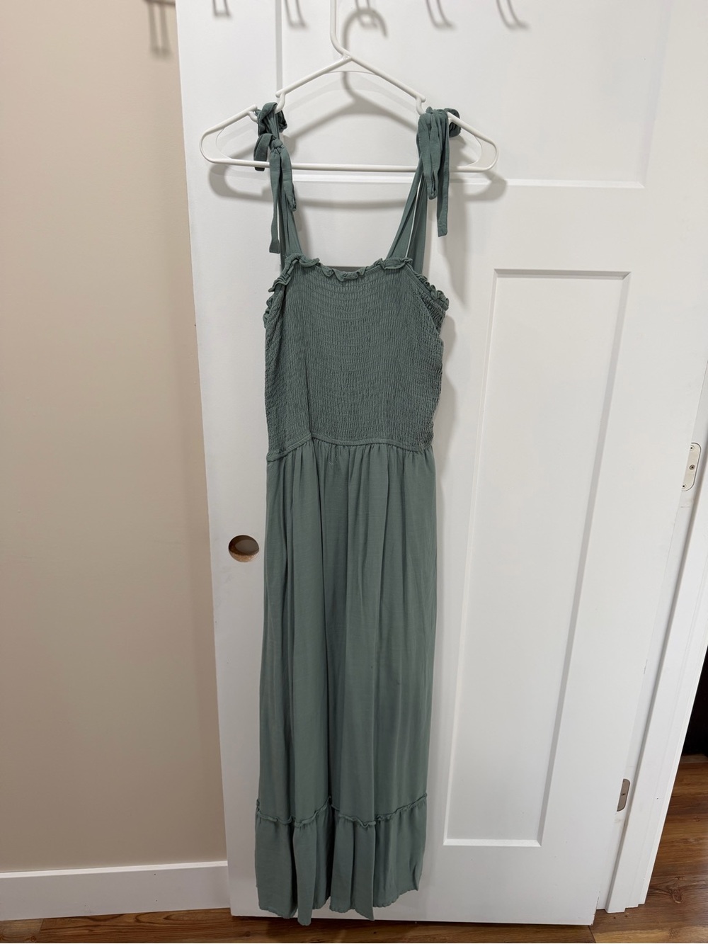 Tie-Shoulder Smocked Bodice Maxi Dress in Sage Green